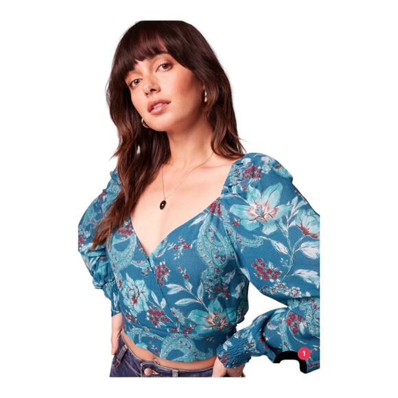 Band Of The Free NWT Sybille Flirty V Neck Wrap Front Teal Floral Crop Top Small - Picture 16 of 16